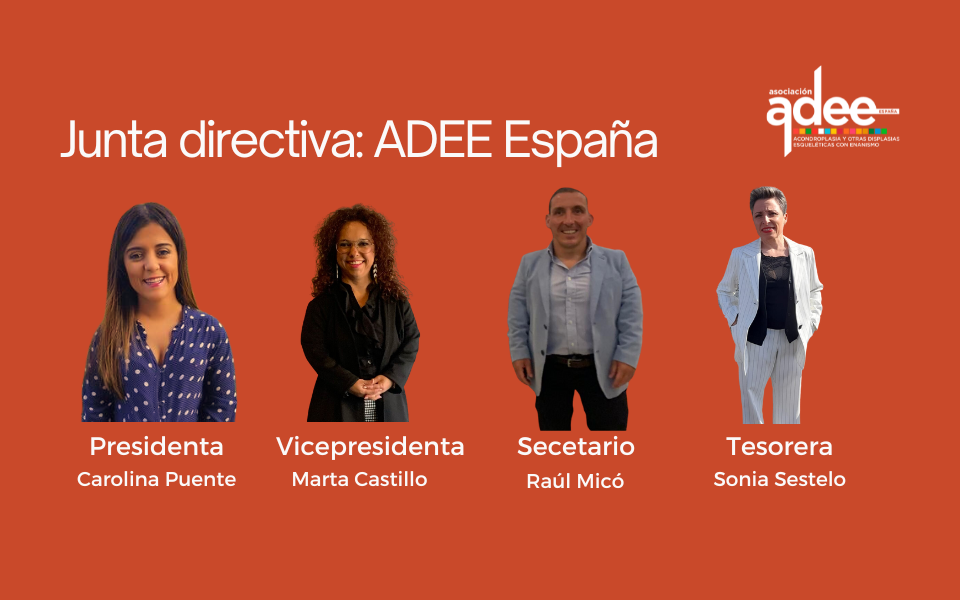Cuatro personas que son las nuevas personas de la junta directiva de ADEE España: Carolina Puente, presidenta;Marta Castillo, vicepresidenta;Raúl Micó, secretario y Sonia Sestelo, tesorera.